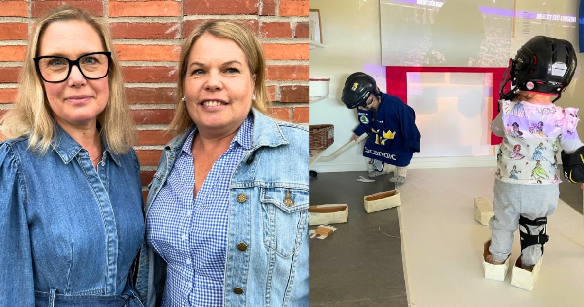 Bild som illustrerar en föreläsning med innehåll "monstret och HV71, när vattnet blev till is. Om lekvärldar, teckenskapande och språkutveckling hos de yngsta barnen." Till vänster de två föreläsarna Anna Karlsson och Susanne Eliasson, förskollärare. Till höger två barn som spelar hockey med egengjort material.