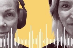 Bilder på Reggio Emilia Institutets podcasts programledare och producenter Leicy Olsborn Björby, till vänster, och Sofia Hedin, till höger. Bakgrunden är gul och framför porträtten syns ljudvågor.