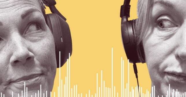 Bilder på Reggio Emilia Institutets podcasts programledare och producenter Leicy Olsborn Björby, till vänster, och Sofia Hedin, till höger. Bakgrunden är gul och framför porträtten syns ljudvågor.