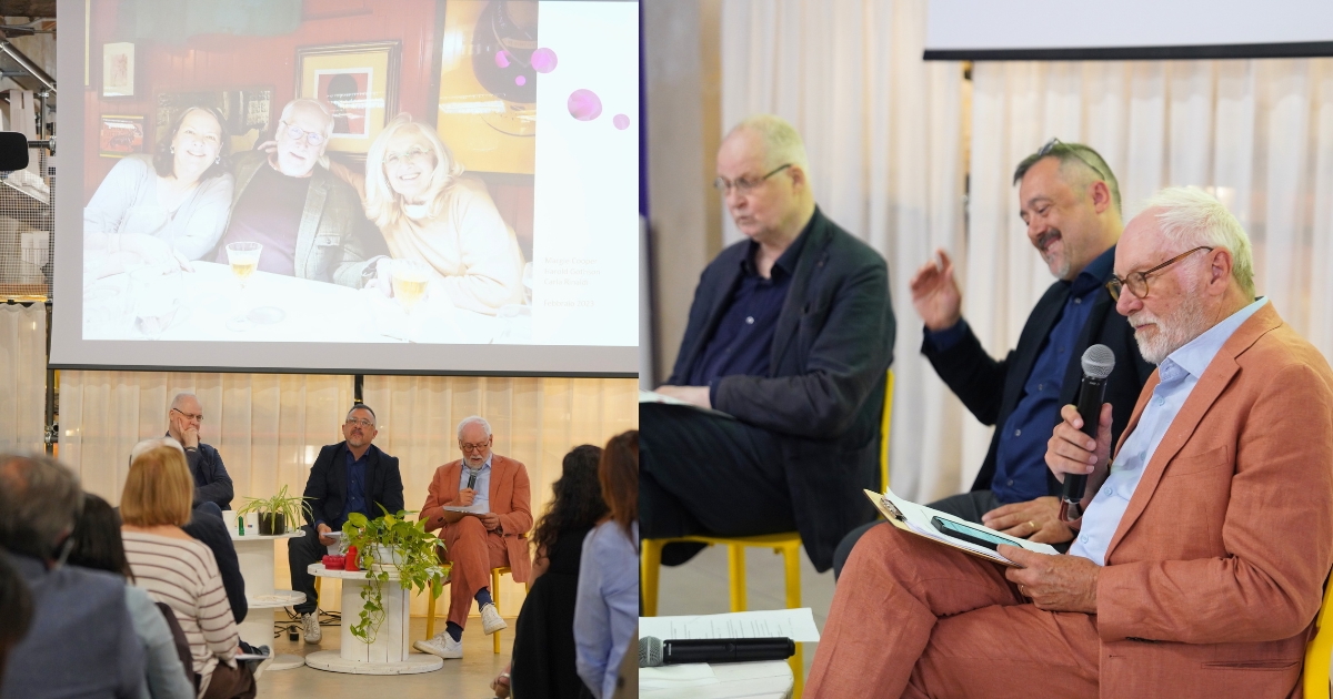 Harold Göthson talar vid lanseringen av forskningsinitiativet INSPIRE i Reggio Emilia den 11 juni. På scenen syns även andra medverkande, och bakom dem visas en bild av Carla Rinaldi.