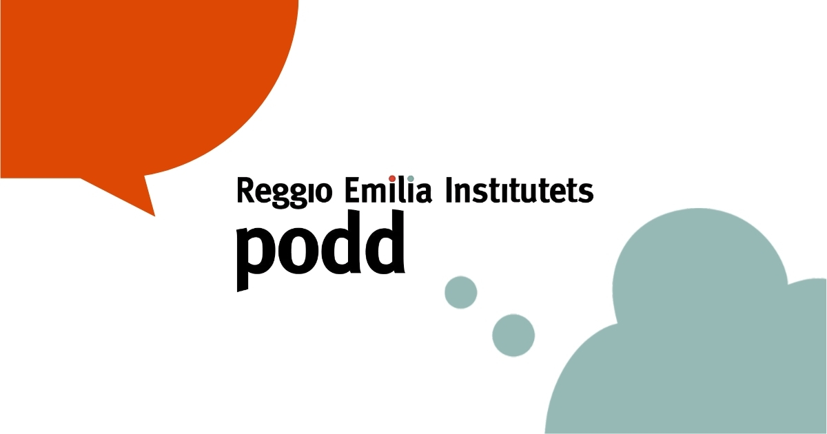 Reggio Emilia Institutets podds logga, där tanke möter samtal. På bilden syns en röd pratbubbla och en turkos tankebubbla.