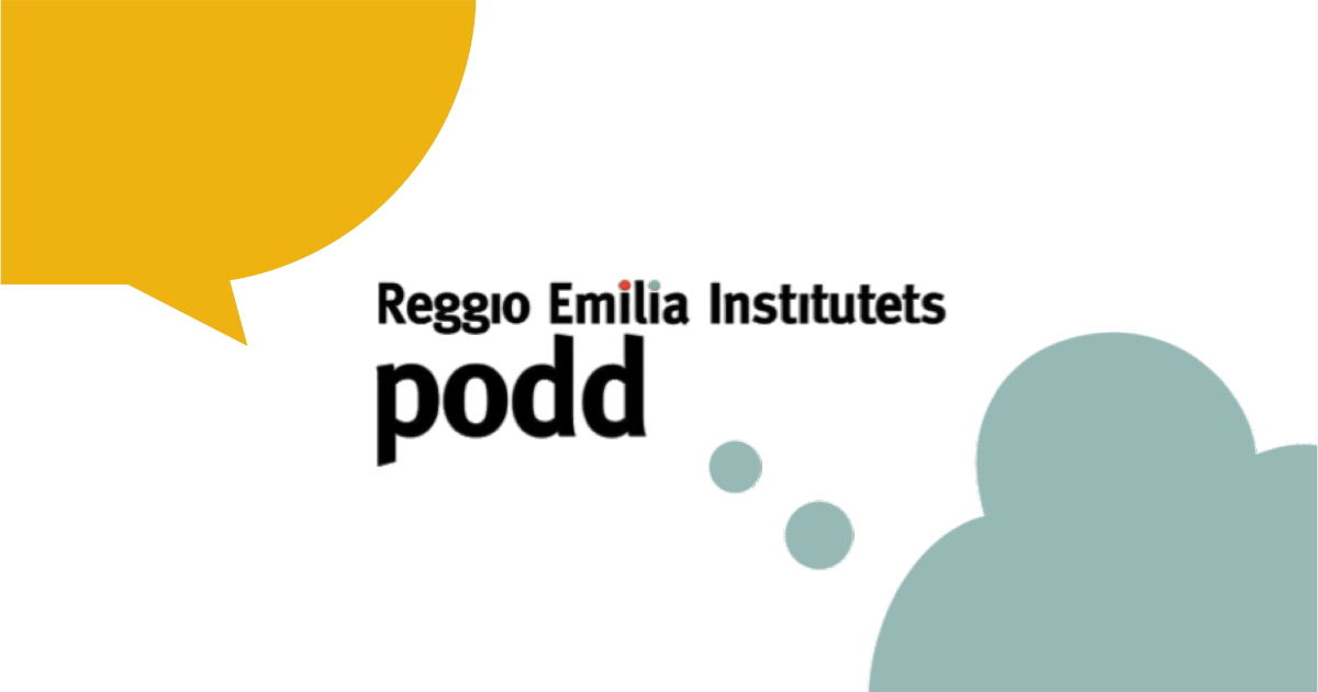 Reggio Emilia Institutets podds logga, där tanke möter samtal. På bilden syns en gul pratbubbla och en turkos tankebubbla.